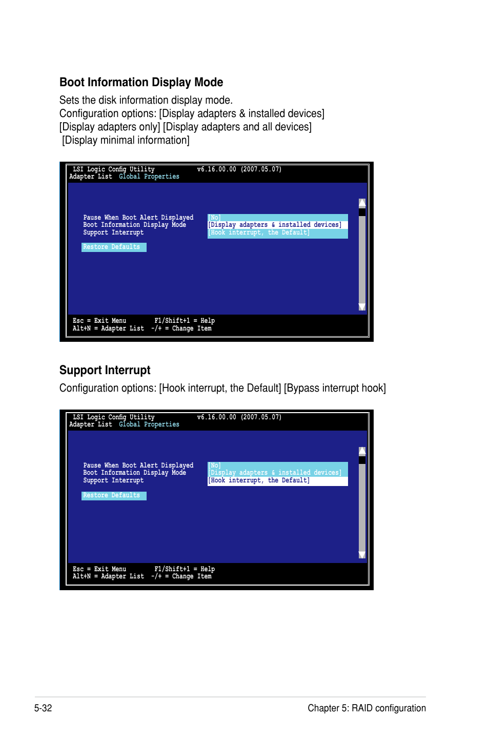 Boot information display mode, Support interrupt | Asus P7F-C/SAS User Manual | Page 128 / 180