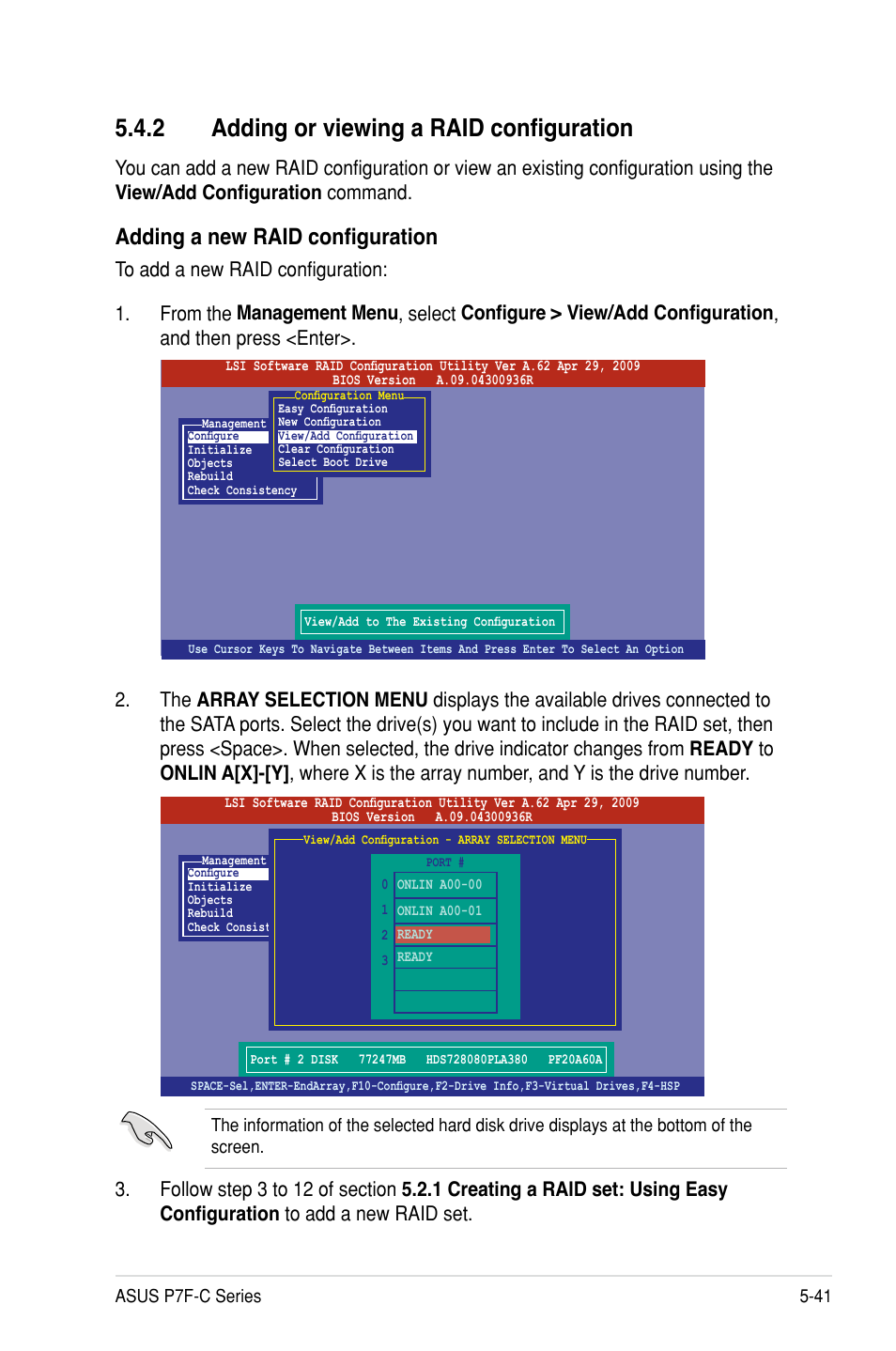 2 adding or viewing a raid configuration, Adding a new raid configuration | Asus P7F-C/SAS User Manual | Page 137 / 180