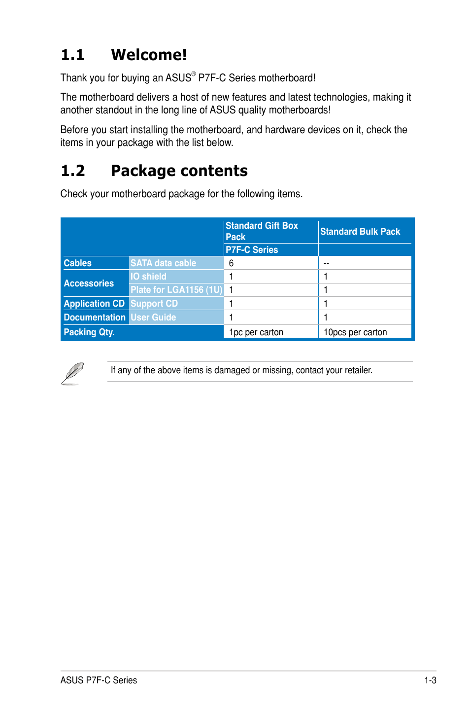 1 welcome, 2 package contents | Asus P7F-C/SAS User Manual | Page 15 / 180