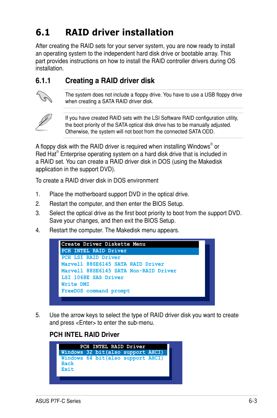 1 raid driver installation, 1 creating a raid driver disk, Pch intel raid driver | Asus P7F-C/SAS User Manual | Page 153 / 180