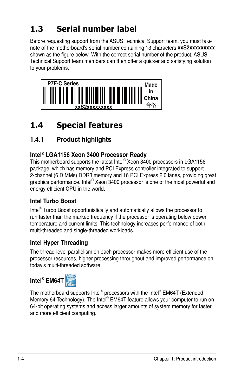 4 special features, 3 serial number label, 1 product highlights | Asus P7F-C/SAS User Manual | Page 16 / 180