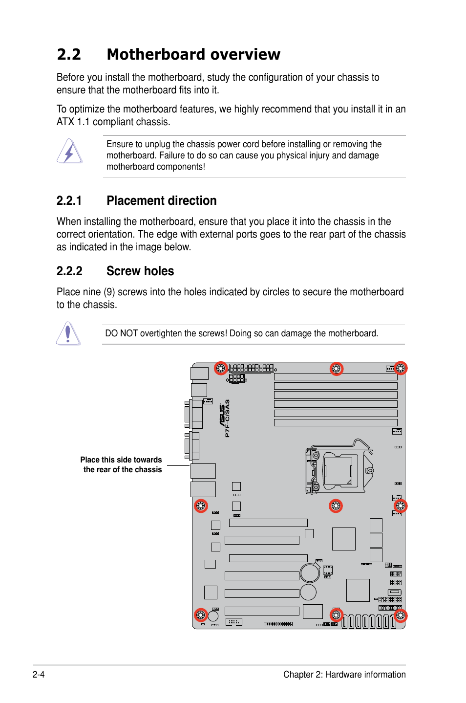 2 motherboard overview, 1 placement direction, 2 screw holes | Asus P7F-C/SAS User Manual | Page 22 / 180