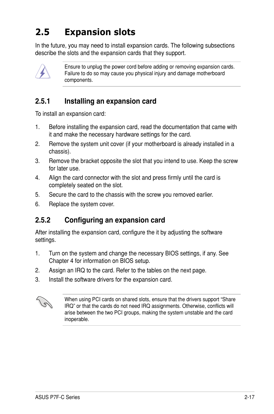 5 expansion slots, 1 installing an expansion card, 2 configuring an expansion card | Asus P7F-C/SAS User Manual | Page 35 / 180