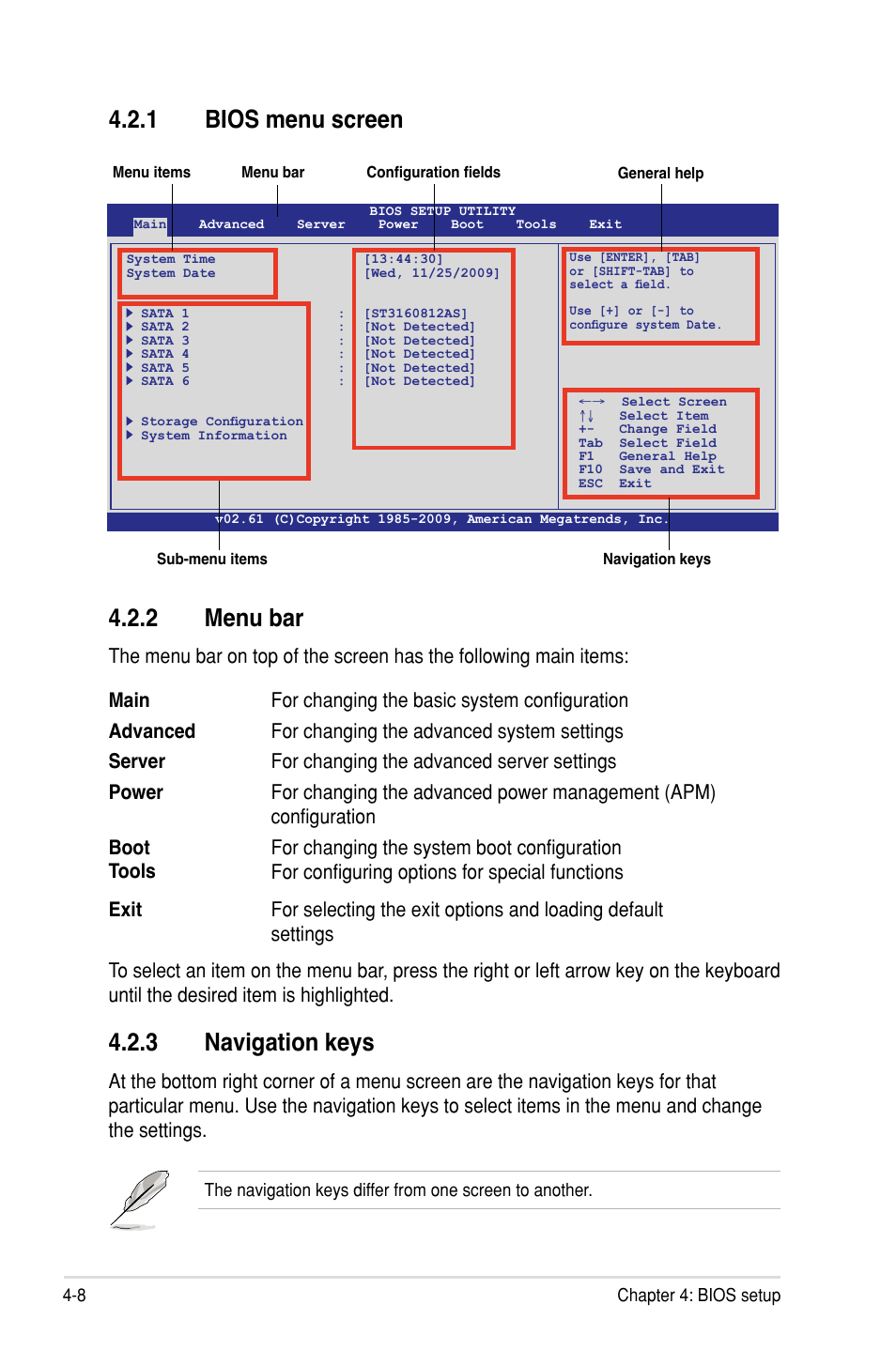 2 menu bar, 3 navigation keys, 1 bios menu screen | Asus P7F-C/SAS User Manual | Page 64 / 180