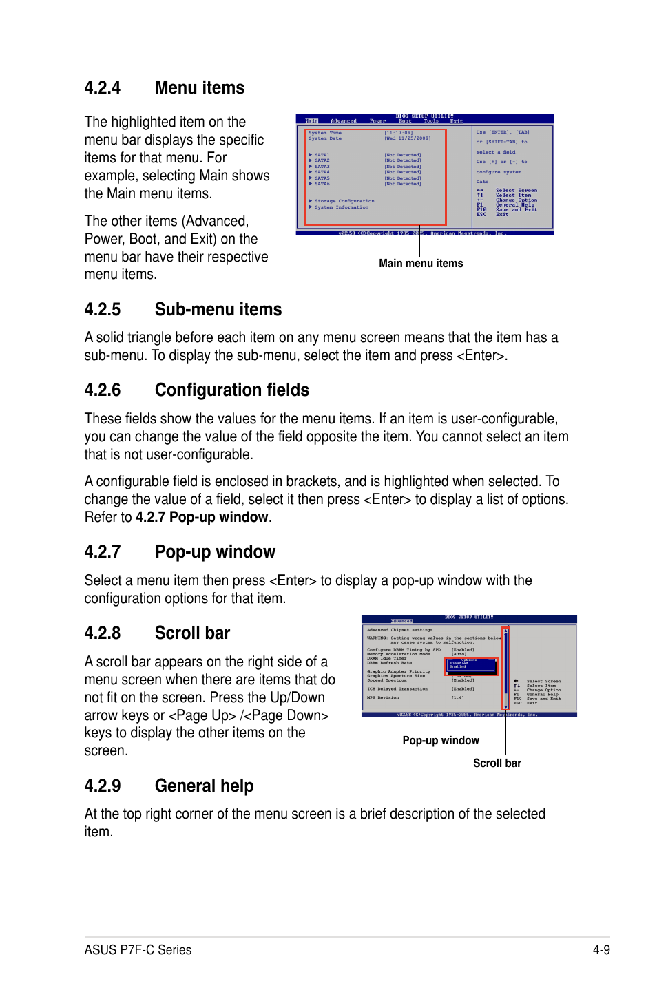 4 menu items, 5 sub-menu items, 6 configuration fields | 7 pop-up window, 8 scroll bar, 9 general help, Asus p7f-c series 4-9 | Asus P7F-C/SAS User Manual | Page 65 / 180