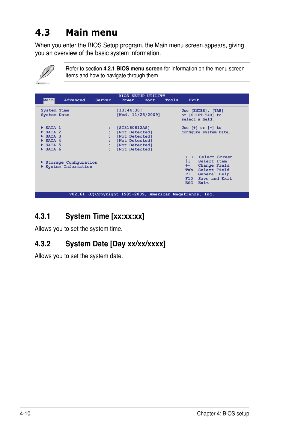 3 main menu, 1 system time [xx:xx:xx, Allows you to set the system time | Allows you to set the system date | Asus P7F-C/SAS User Manual | Page 66 / 180