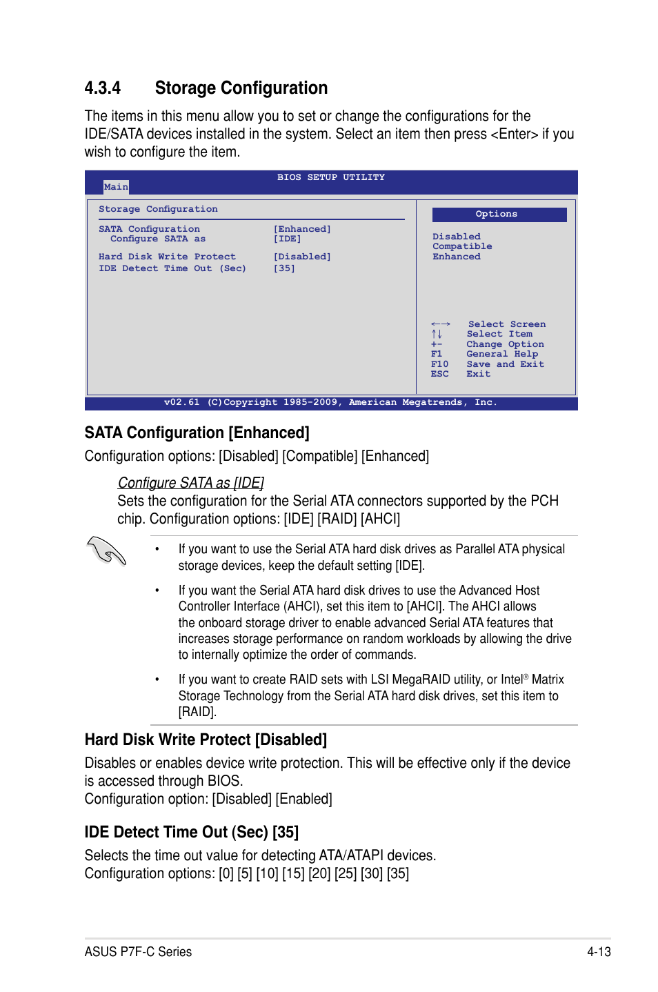 4 storage configuration, Sata configuration [enhanced, Hard disk write protect [disabled | Ide detect time out (sec) [35 | Asus P7F-C/SAS User Manual | Page 69 / 180