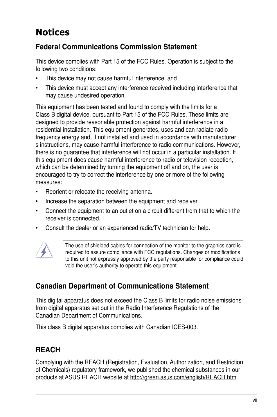 Notices, Federal communications commission statement, Canadian department of communications statement | Reach | Asus P7F-C/SAS User Manual | Page 7 / 180
