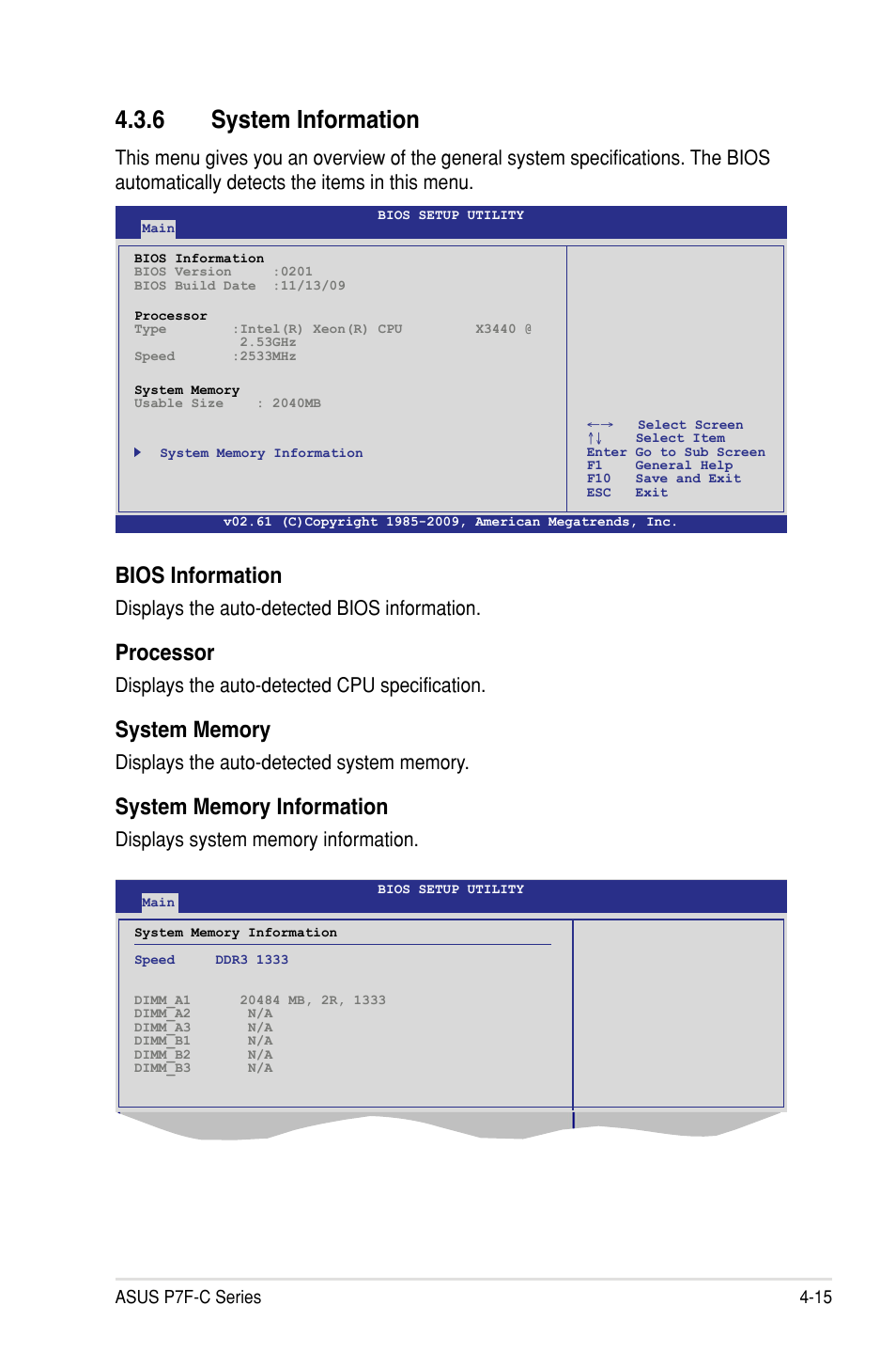6 system information, Bios information, Processor | Displays the auto-detected bios information, Displays the auto-detected cpu specification | Asus P7F-C/SAS User Manual | Page 71 / 180