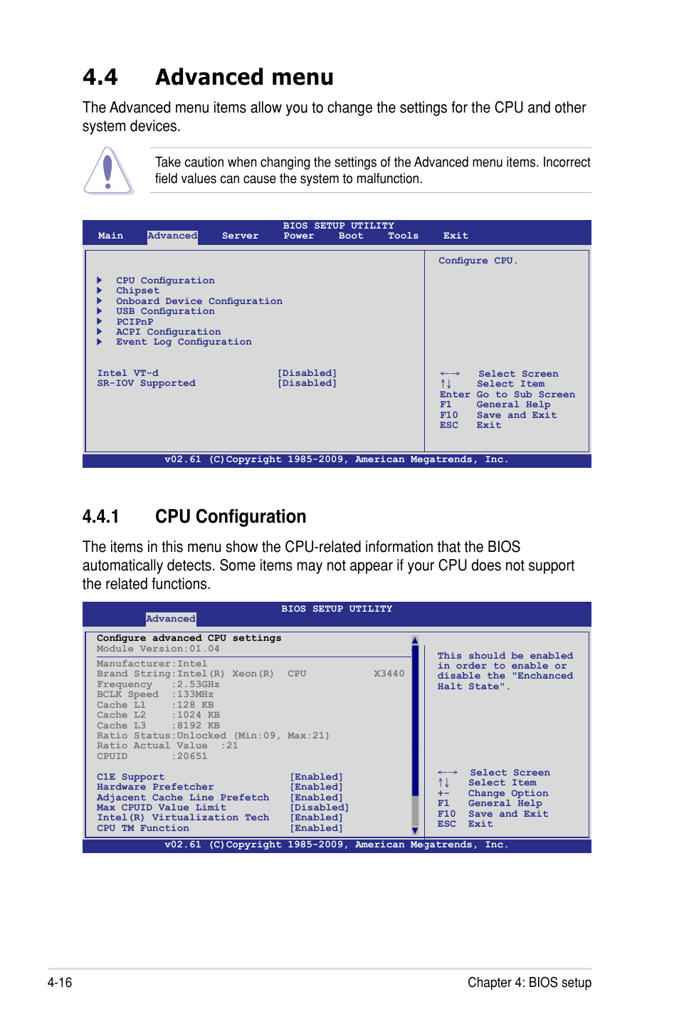 4 advanced menu, 1 cpu configuration, 16 chapter 4: bios setup | Asus P7F-C/SAS User Manual | Page 72 / 180