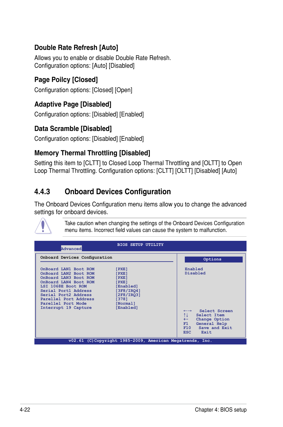 3 onboard devices configuration, Double rate refresh [auto, Page poilcy [closed | Adaptive page [disabled, Data scramble [disabled, Configuration options: [closed] [open, Configuration options: [disabled] [enabled | Asus P7F-C/SAS User Manual | Page 78 / 180