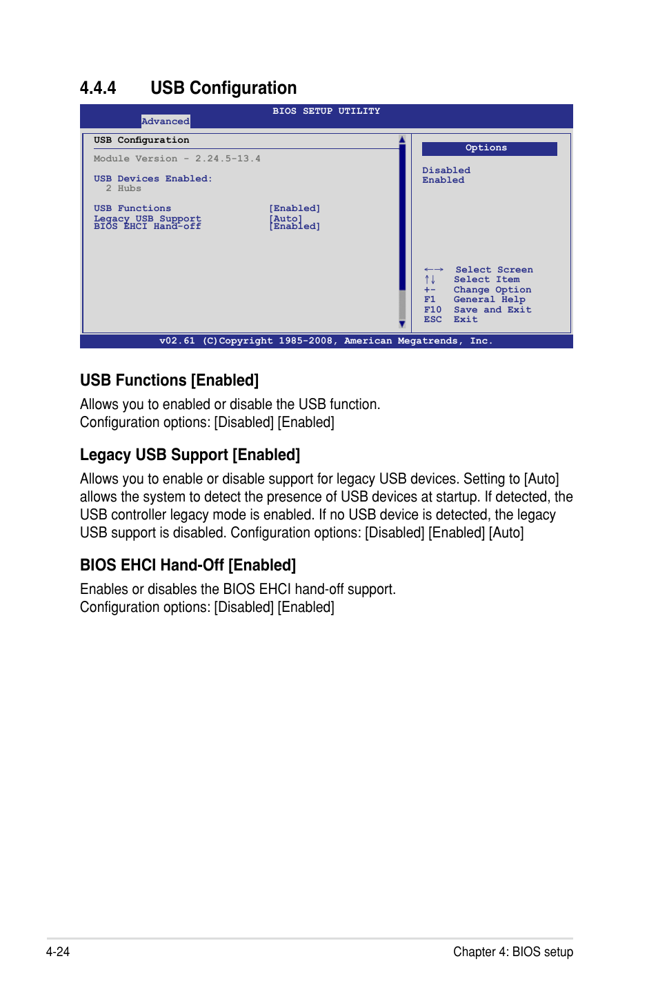 4 usb configuration, Usb functions [enabled, Legacy usb support [enabled | Bios ehci hand-off [enabled | Asus P7F-C/SAS User Manual | Page 80 / 180