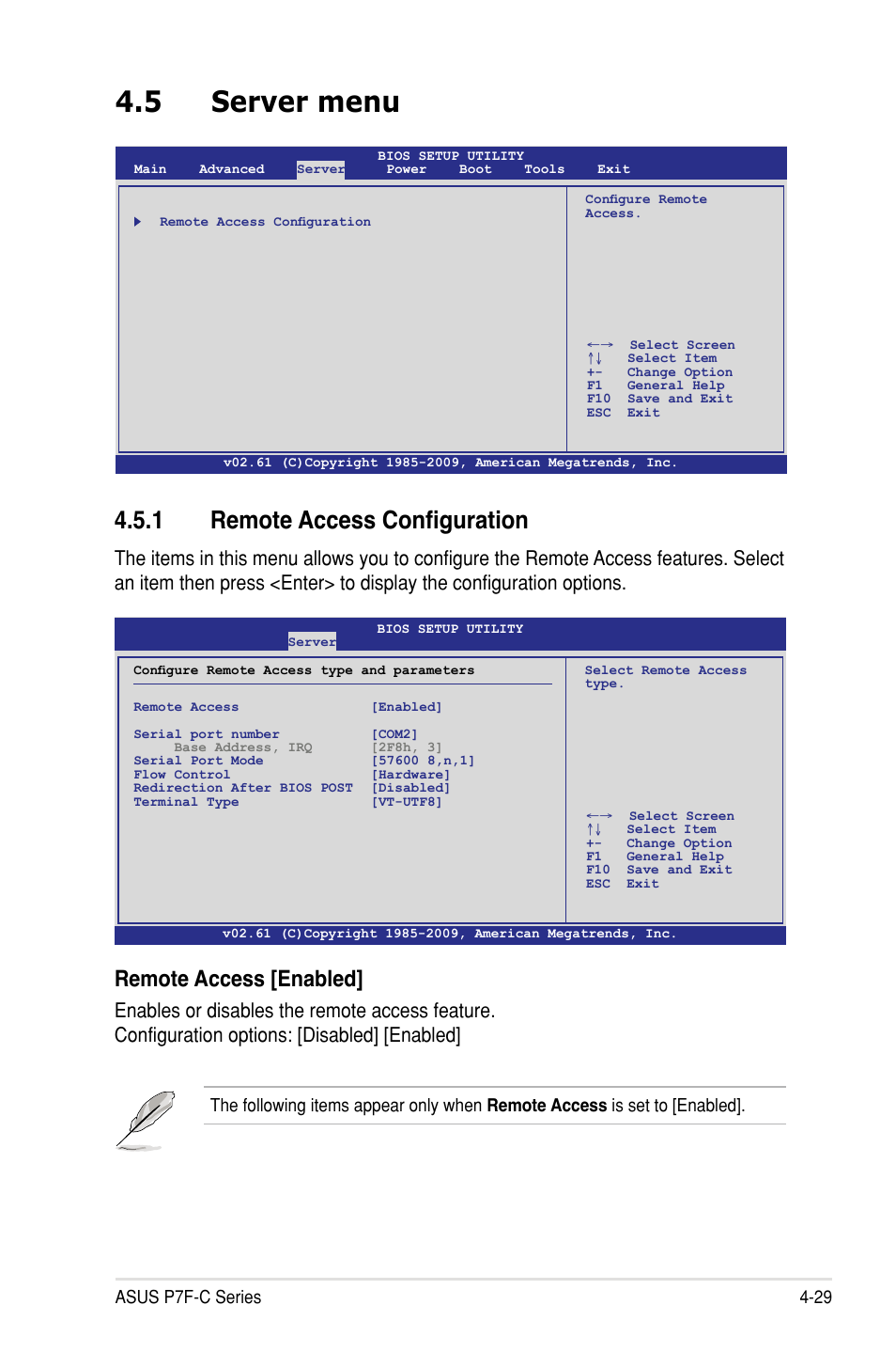 5 server menu, 1 remote access configuration, Remote access [enabled | Asus P7F-C/SAS User Manual | Page 85 / 180