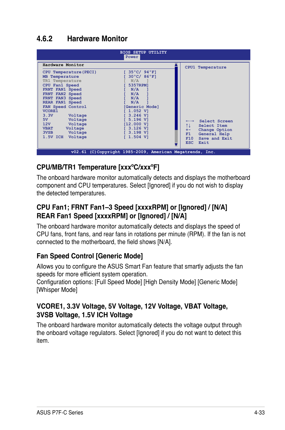 2 hardware monitor, Cpu/mb/tr1 temperature [xxxºc/xxxºf, Fan speed control [generic mode | Asus P7F-C/SAS User Manual | Page 89 / 180
