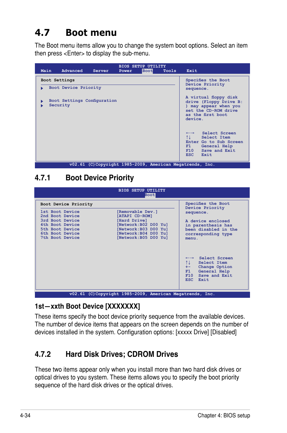 7 boot menu, 1 boot device priority, 2 hard disk drives; cdrom drives | 34 chapter 4: bios setup | Asus P7F-C/SAS User Manual | Page 90 / 180
