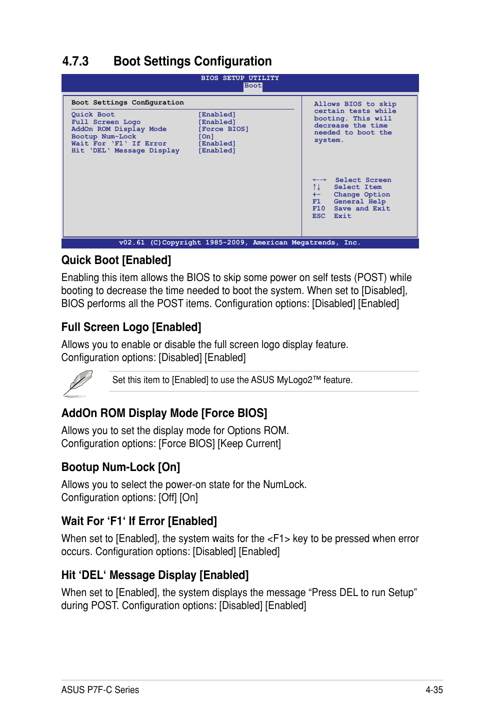 3 boot settings configuration, Quick boot [enabled, Full screen logo [enabled | Addon rom display mode [force bios, Bootup num-lock [on, Wait for ‘f1‘ if error [enabled, Hit ‘del‘ message display [enabled | Asus P7F-C/SAS User Manual | Page 91 / 180