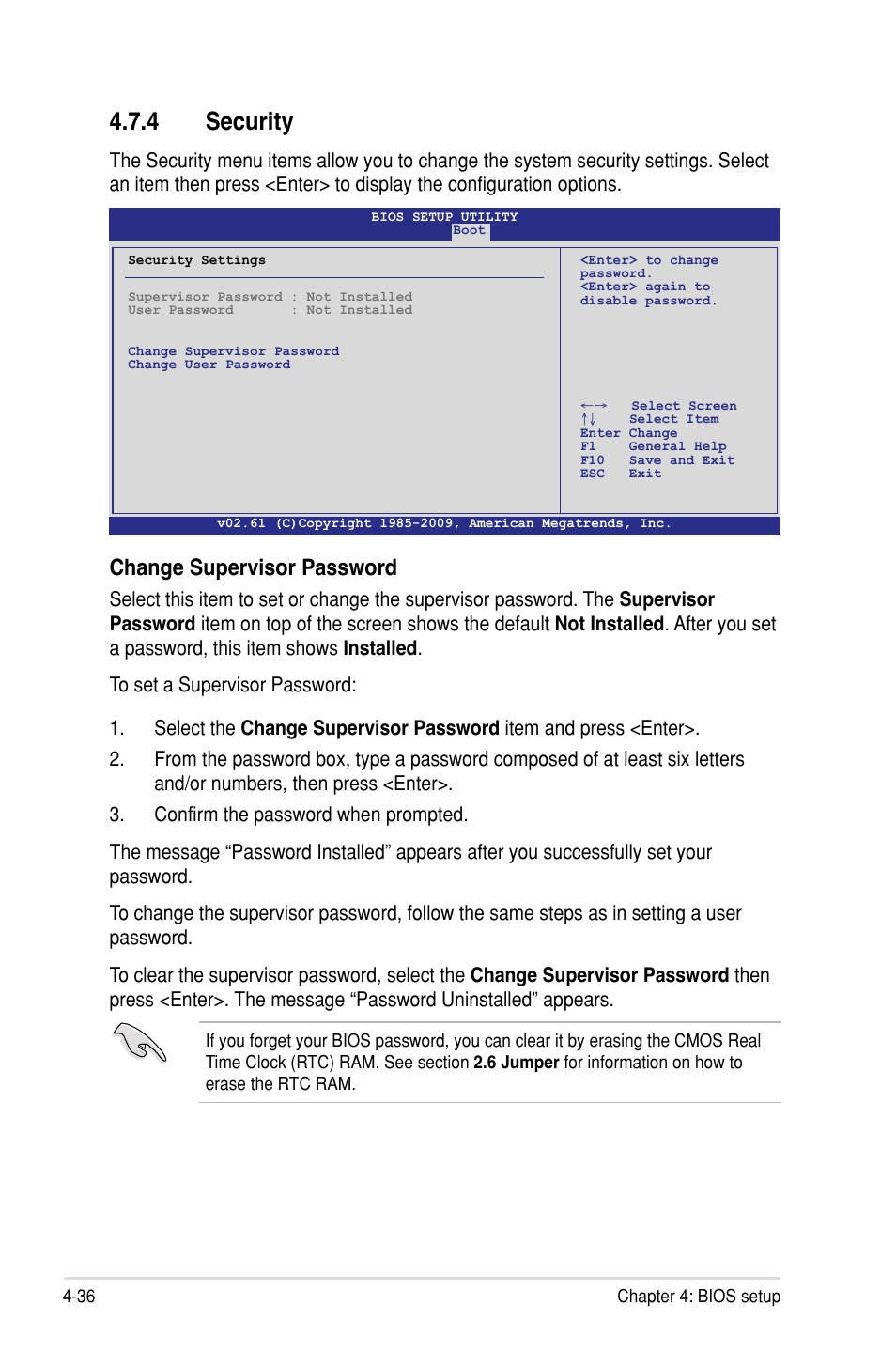 4 security, Change supervisor password | Asus P7F-C/SAS User Manual | Page 92 / 180
