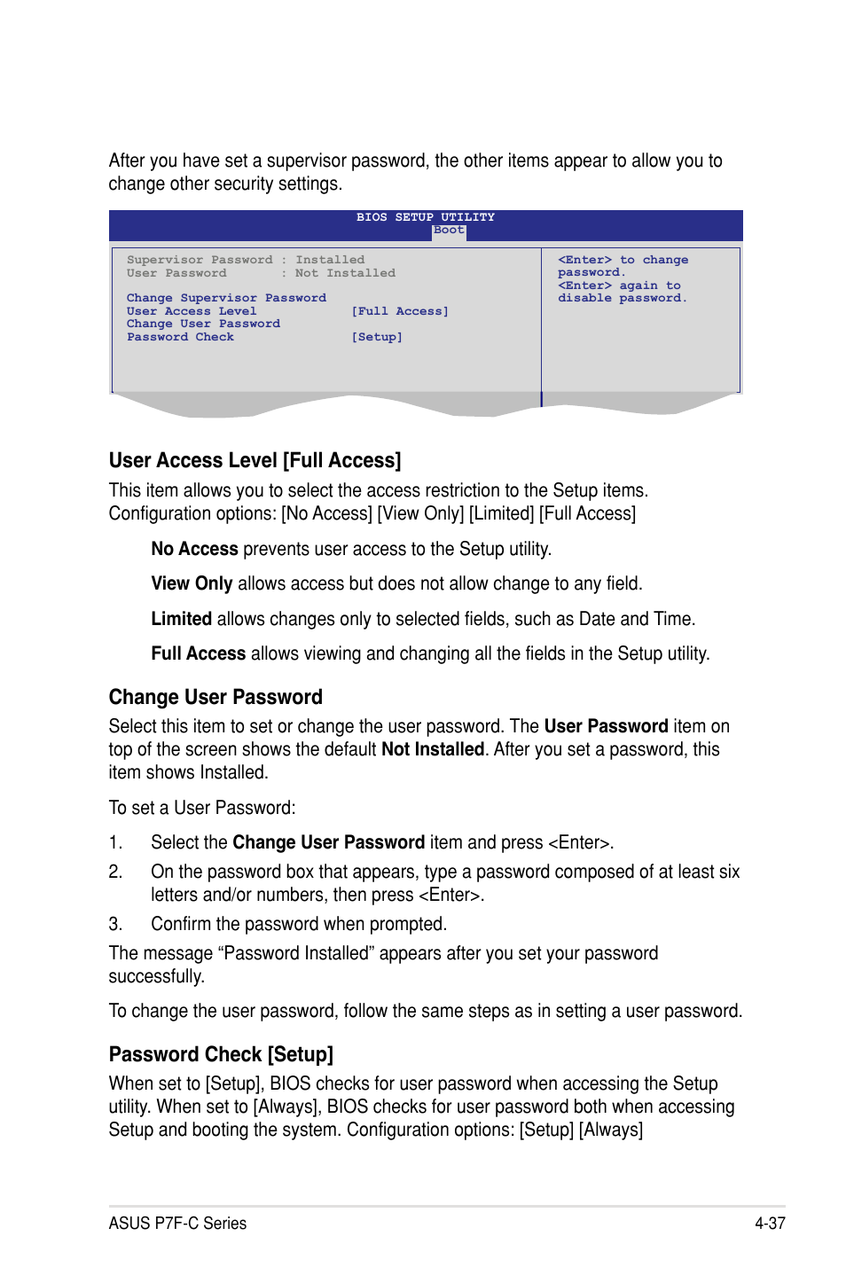 User access level [full access, Change user password, Password check [setup | Asus P7F-C/SAS User Manual | Page 93 / 180