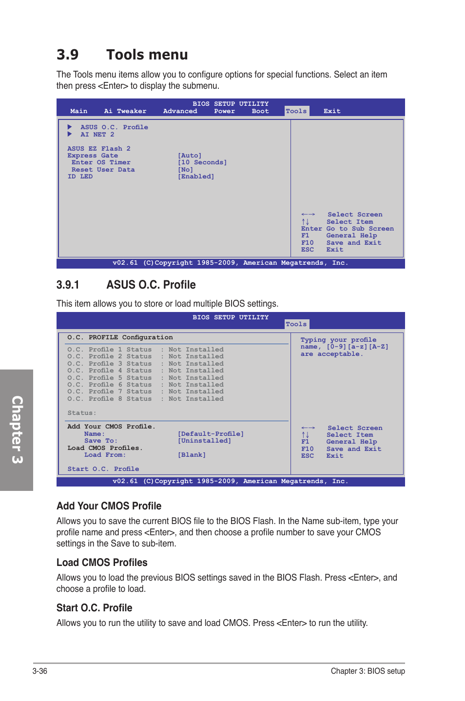 9 tools menu, 1 asus o.c. profile, Tools menu -36 3.9.1 | Asus o.c. profile -36, Chapter 3 3.9 tools menu, Add your cmos profile, Load cmos profiles, Start o.c. profile | Asus P7P55D-E Premium User Manual | Page 100 / 134