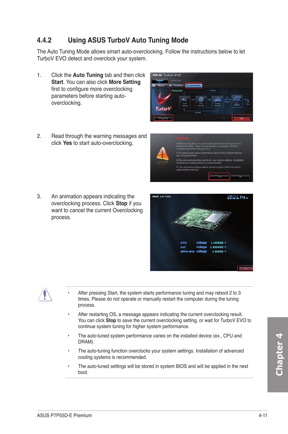 2 using asus turbov auto tuning mode, Using asus turbov auto tuning mode -11, Chapter 4 | Asus P7P55D-E Premium User Manual | Page 115 / 134