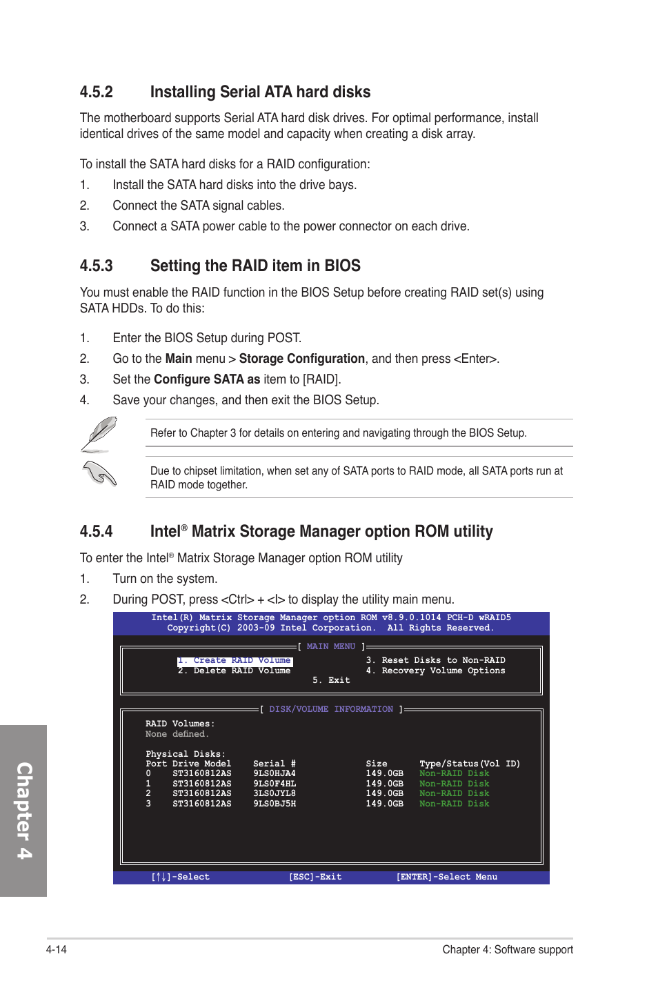 2 installing serial ata hard disks, 3 setting the raid item in bios, 4 intel® matrix storage manager option rom utility | Installing serial ata hard disks -14, Setting the raid item in bios -14, Intel, Matrix storage manager option rom utility -14, Chapter 4, 4 intel, Matrix storage manager option rom utility | Asus P7P55D-E Premium User Manual | Page 118 / 134