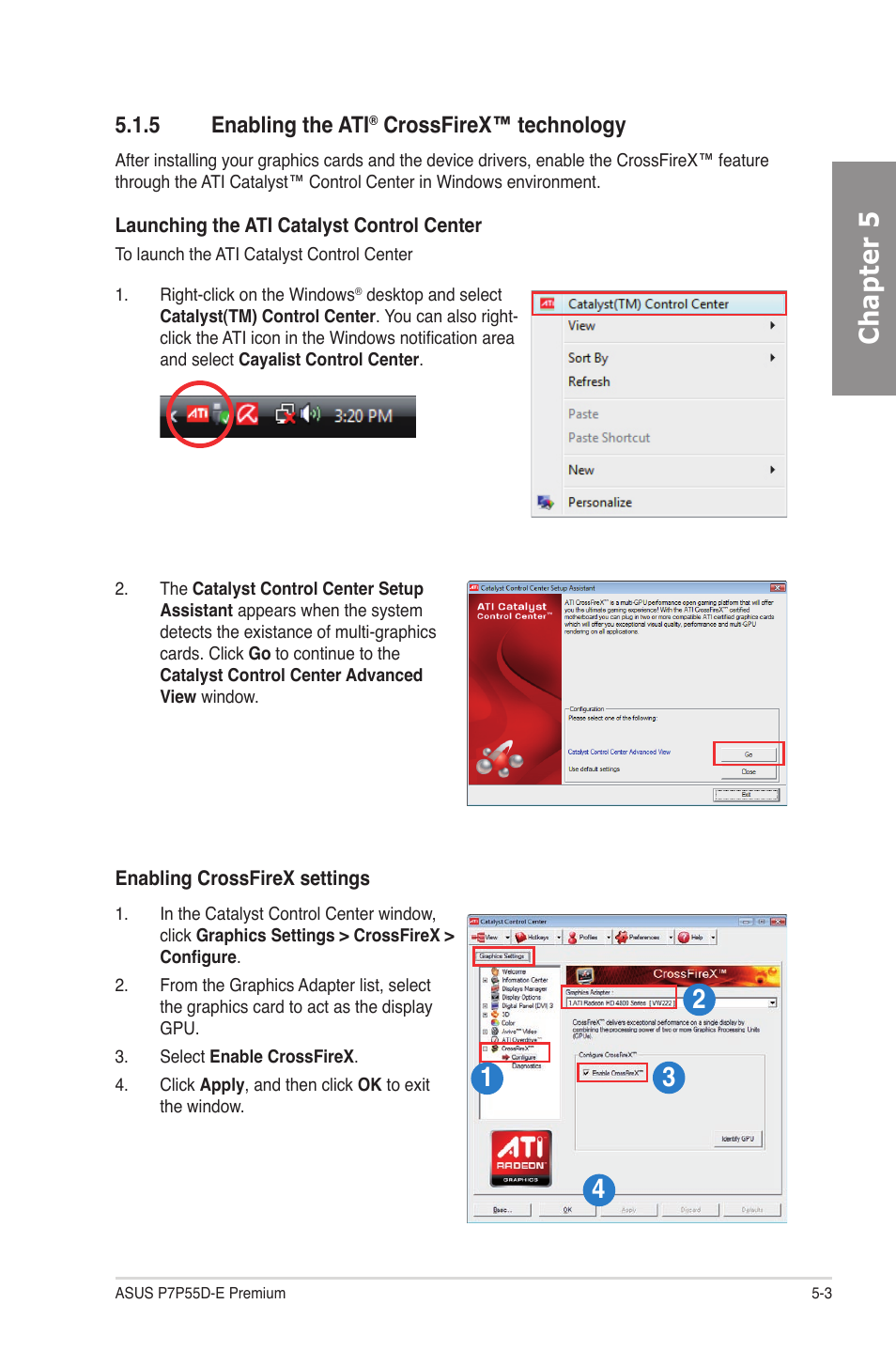 5 enabling the ati® crossfirex™ technology, Enabling the ati, Crossfirex™ technology -3 | Chapter 5, 5 enabling the ati, Crossfirex™ technology | Asus P7P55D-E Premium User Manual | Page 129 / 134