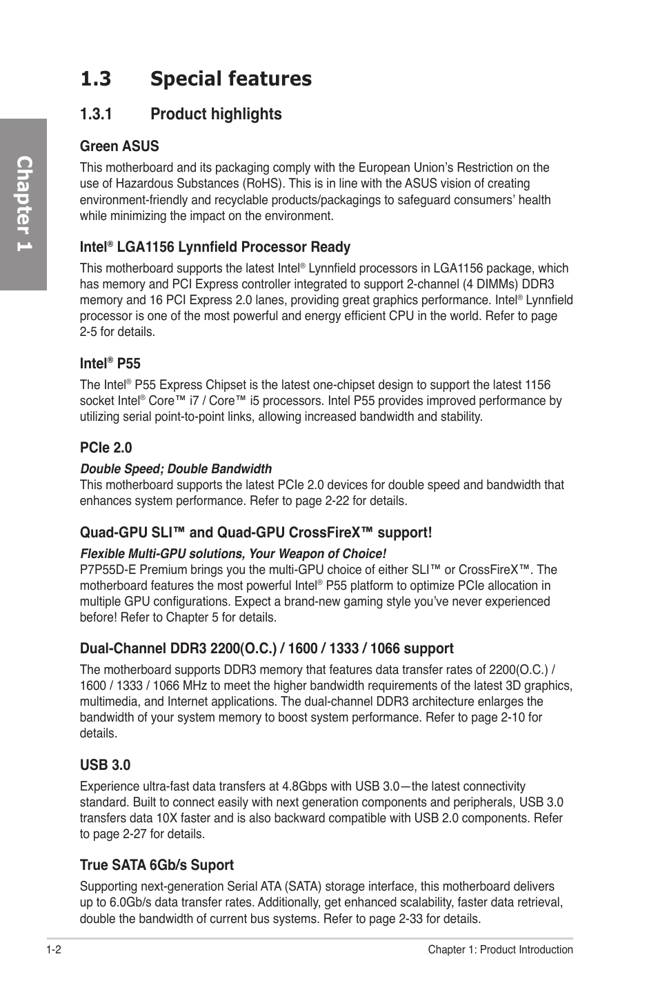 3 special features, 1 product highlights, Special features -2 1.3.1 | Product highlights -2, Chapter 1 1.3 special features | Asus P7P55D-E Premium User Manual | Page 16 / 134