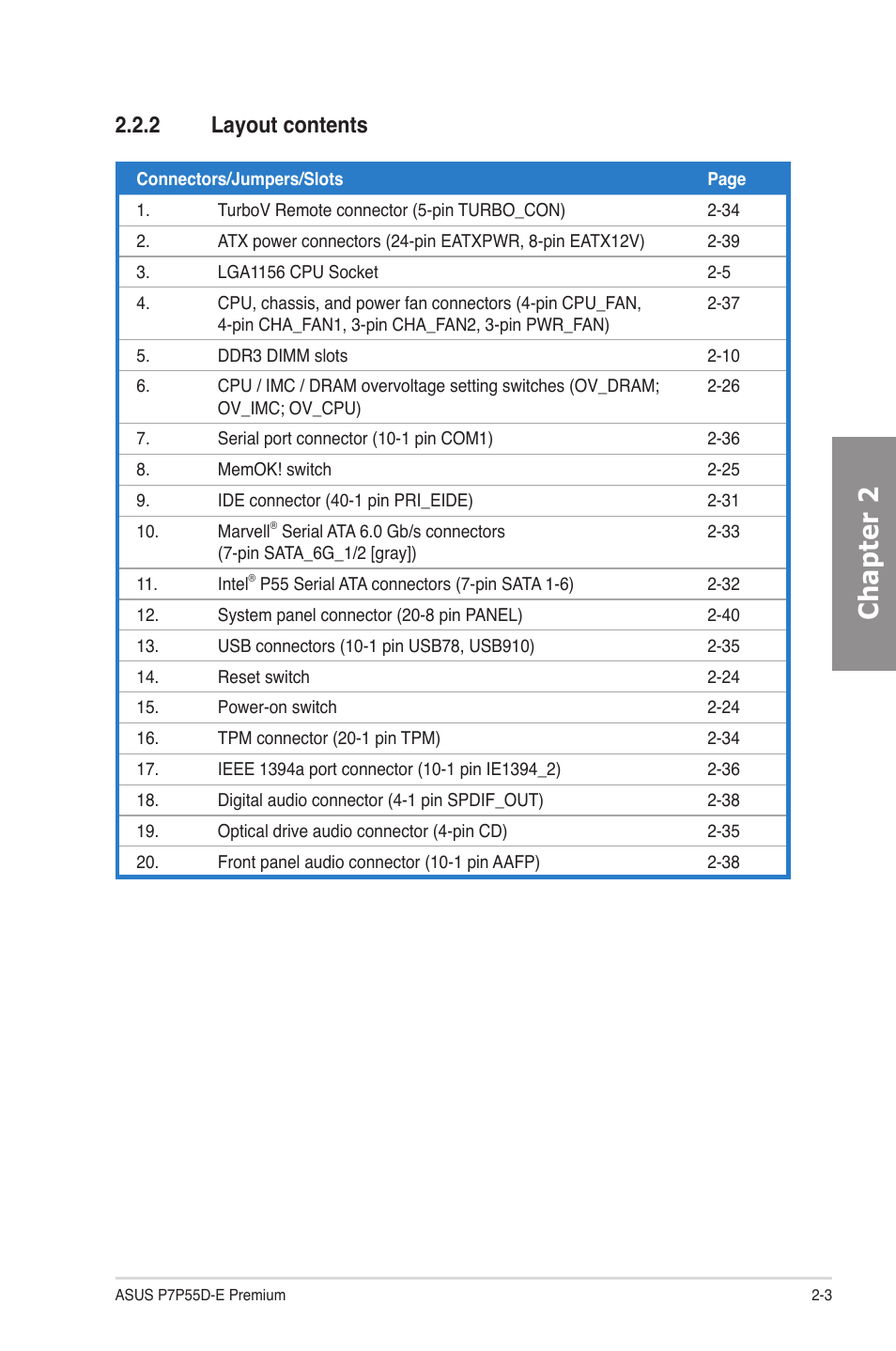 2 layout contents, Layout contents -3, Chapter 2 | Asus P7P55D-E Premium User Manual | Page 23 / 134