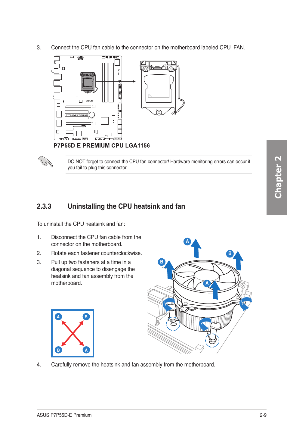 3 uninstalling the cpu heatsink and fan, Uninstalling the cpu heatsink and fan -9, Chapter 2 | Asus P7P55D-E Premium User Manual | Page 29 / 134