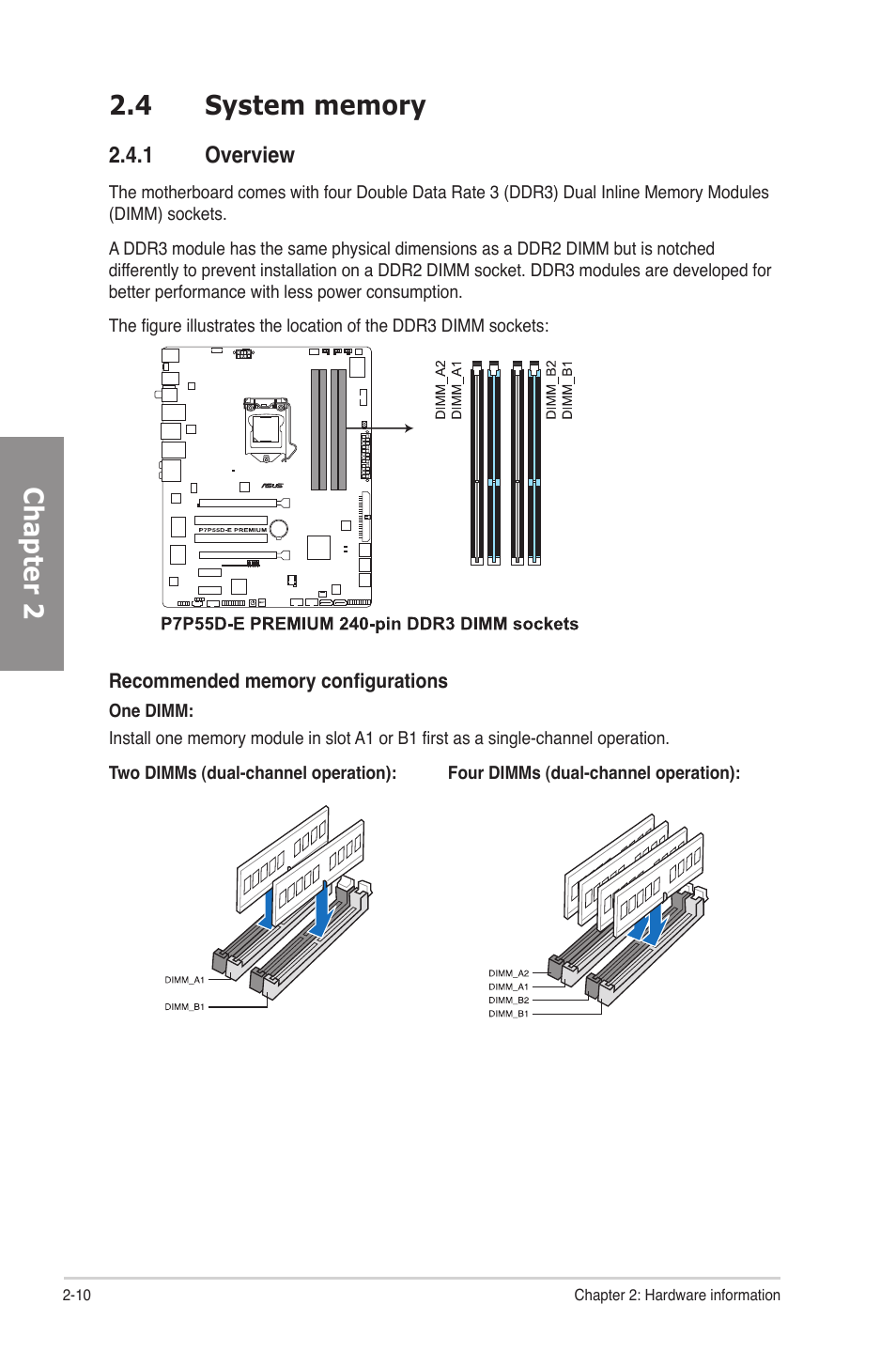 4 system memory, 1 overview, System memory -10 2.4.1 | Overview -10 | Asus P7P55D-E Premium User Manual | Page 30 / 134