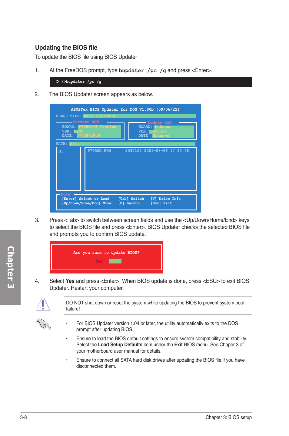 Chapter 3, Updating the bios file | Asus P7P55D-E Premium User Manual | Page 72 / 134