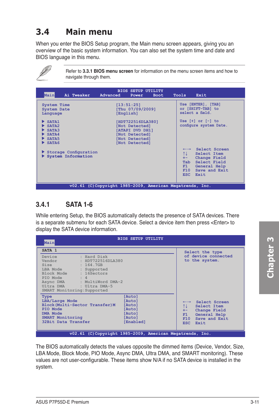 4 main menu, 1 sata 1-6, Main menu -11 3.4.1 | Sata 1-6 -11, Chapter 3 3.4 main menu | Asus P7P55D-E Premium User Manual | Page 75 / 134