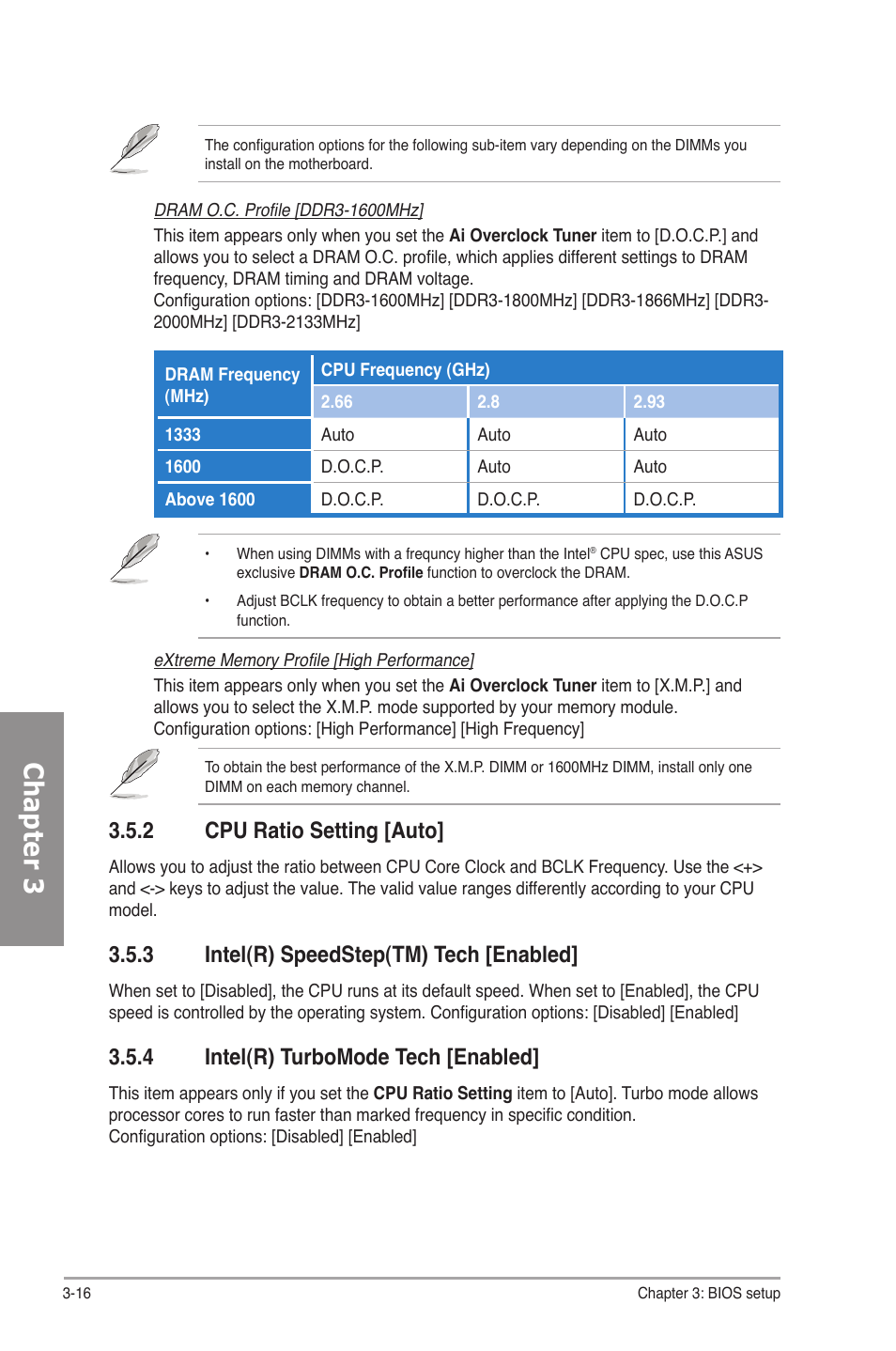 2 cpu ratio setting [auto, 3 intel(r) speedstep(tm) tech [enabled, 4 intel(r) turbomode tech [enabled | Cpu ratio setting -16, Intel(r) speedstep(tm) tech -16, Intel(r) turbomode tech -16, Chapter 3 | Asus P7P55D-E Premium User Manual | Page 80 / 134