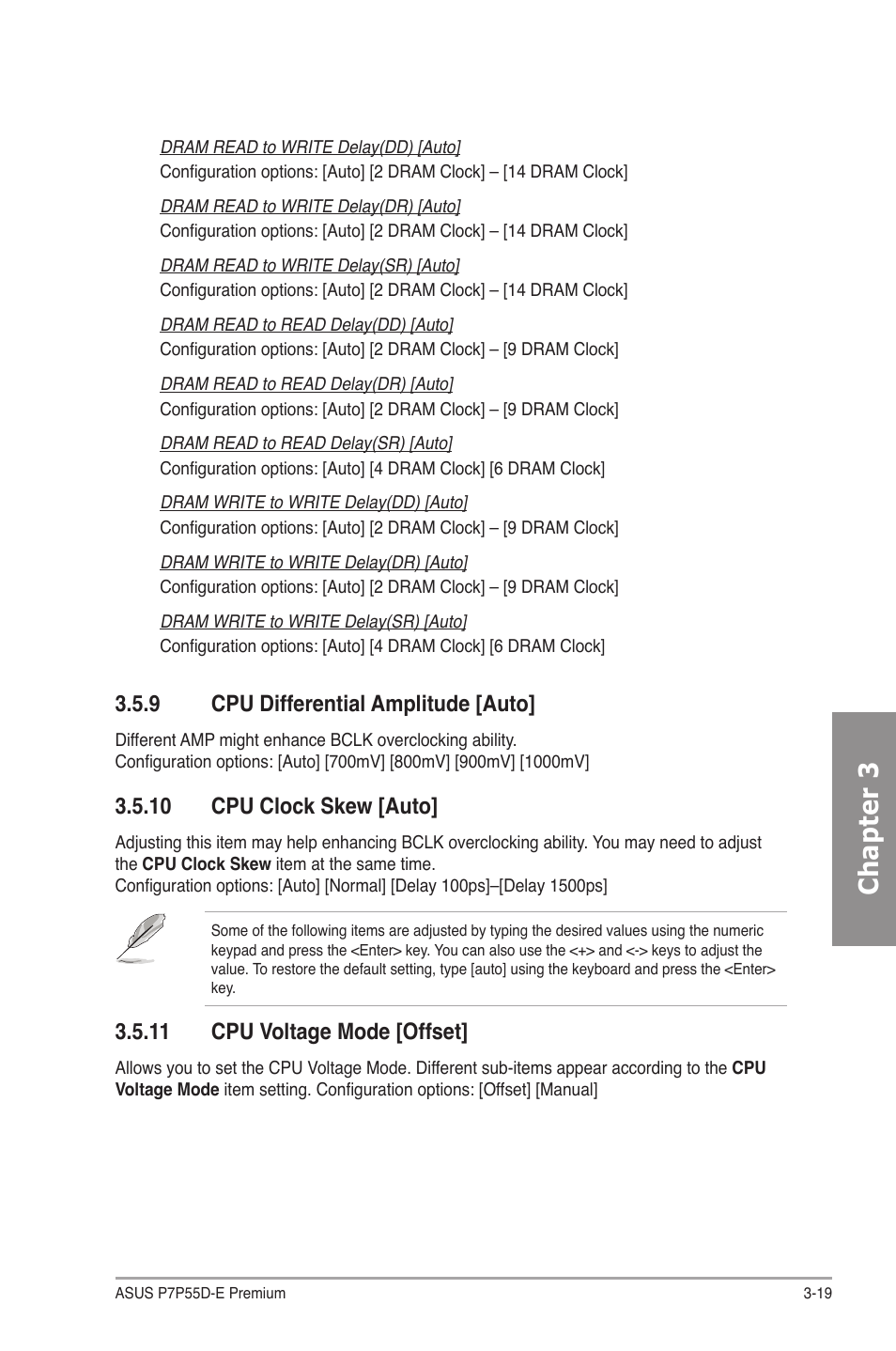 9 cpu differential amplitude [auto, 10 cpu clock skew [auto, 11 cpu voltage mode [offset | Cpu differential amplitude -19, Cpu clock skew -19, Cpu voltage mode -19, Chapter 3 | Asus P7P55D-E Premium User Manual | Page 83 / 134