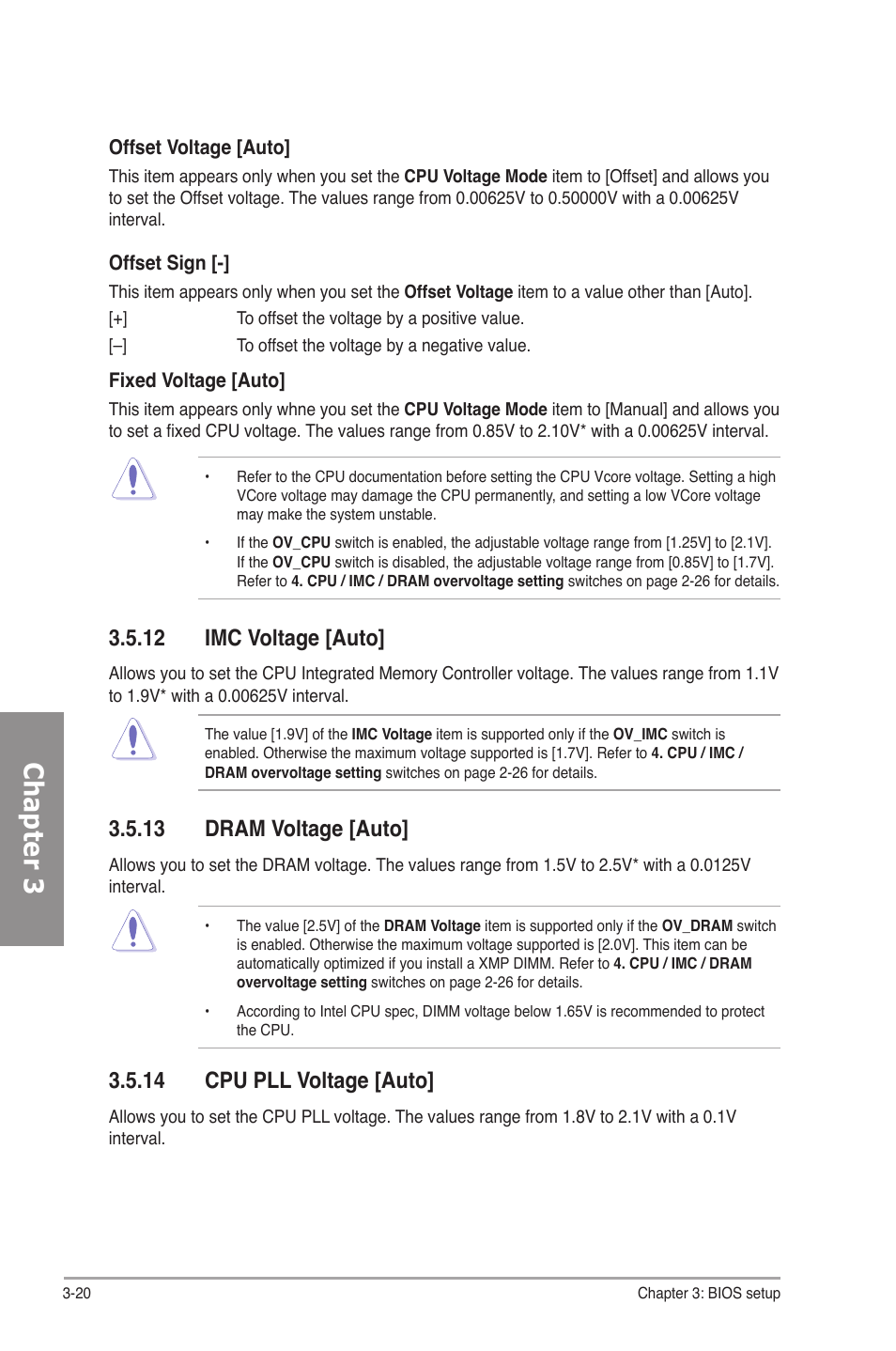 12 imc voltage [auto, 13 dram voltage [auto, 14 cpu pll voltage [auto | Imc voltage -20, Dram voltage -20, Cpu pll voltage -20, Chapter 3 | Asus P7P55D-E Premium User Manual | Page 84 / 134