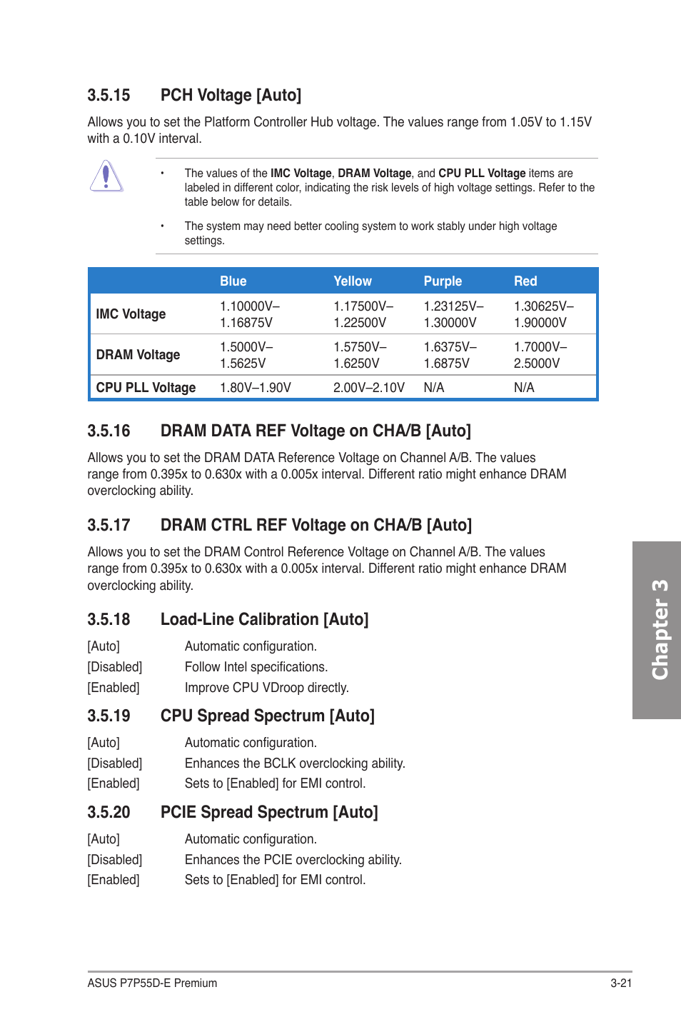 15 pch voltage [auto, 16 dram data ref voltage on cha/b [auto, 17 dram ctrl ref voltage on cha/b [auto | 18 load-line calibration [auto, 19 cpu spread spectrum [auto, 20 pcie spread spectrum [auto, Pch voltage -21, Dram data ref voltage on cha/b -21, Dram ctrl ref voltage on cha/b -21, Load-line calibration -21 | Asus P7P55D-E Premium User Manual | Page 85 / 134