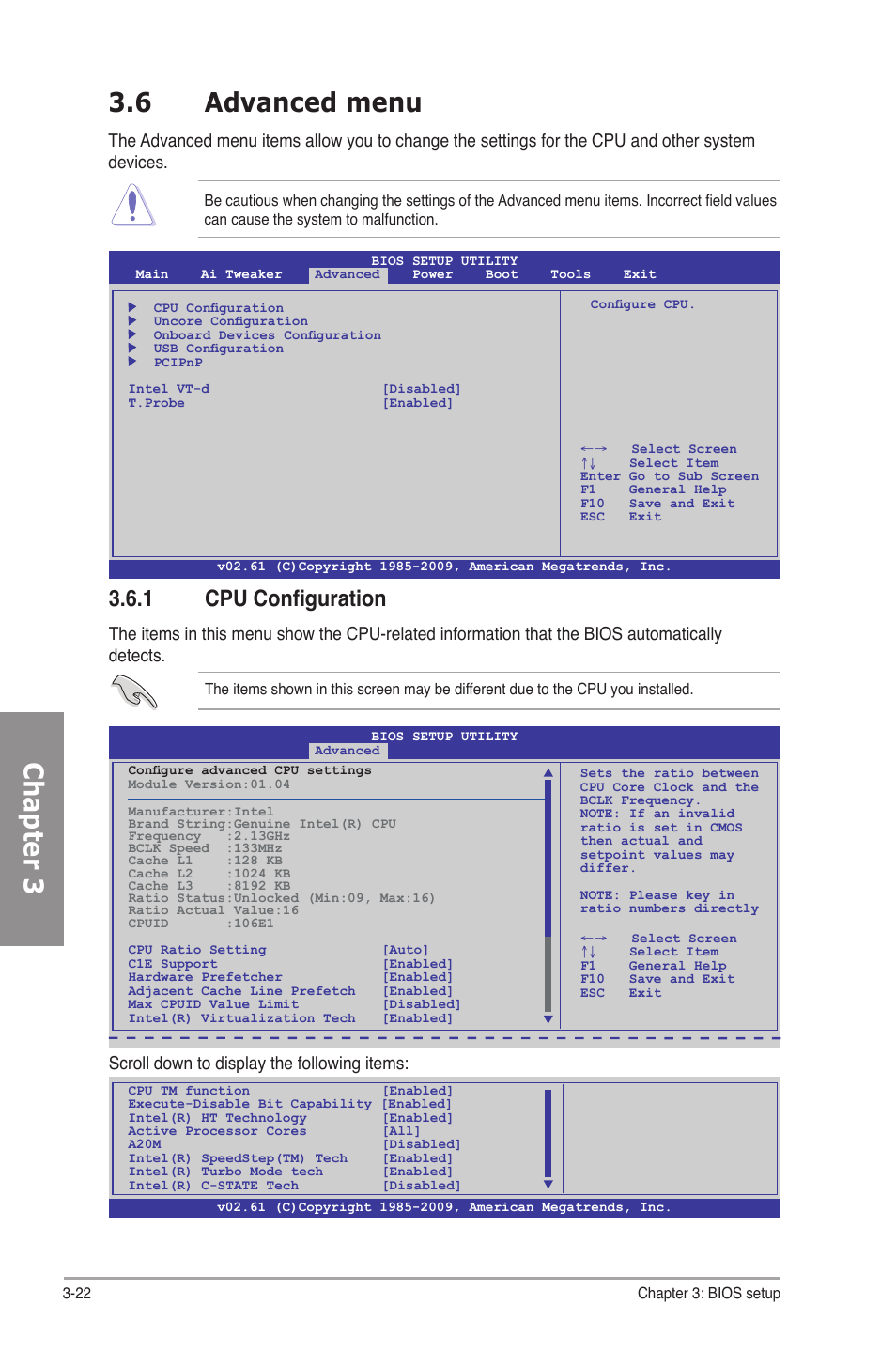 6 advanced menu, 1 cpu configuration, Advanced menu -22 3.6.1 | Cpu configuration -22, Chapter 3, Scroll down to display the following items | Asus P7P55D-E Premium User Manual | Page 86 / 134