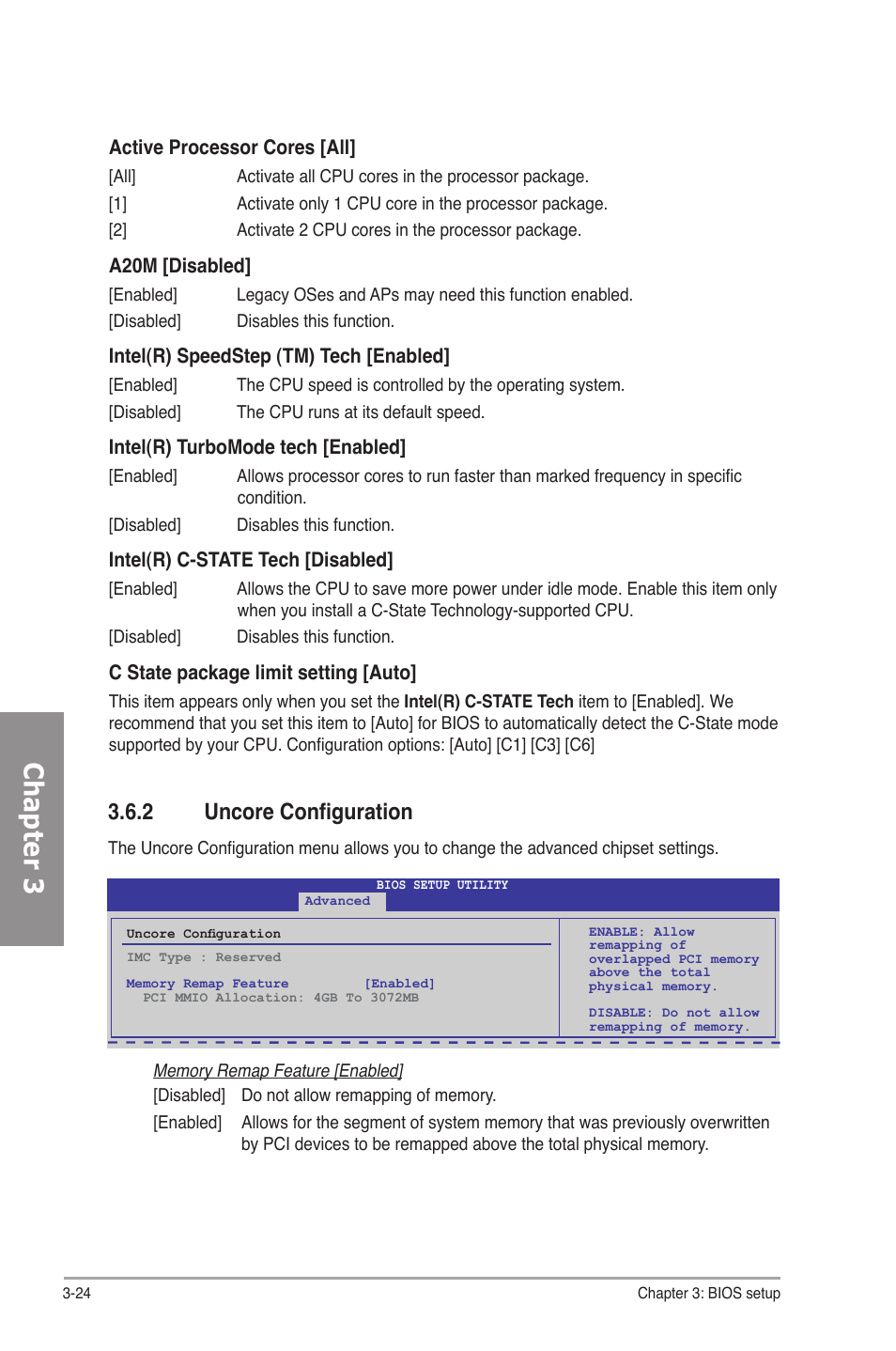 2 uncore configuration, Uncore configuration -24, Chapter 3 | Asus P7P55D-E Premium User Manual | Page 88 / 134