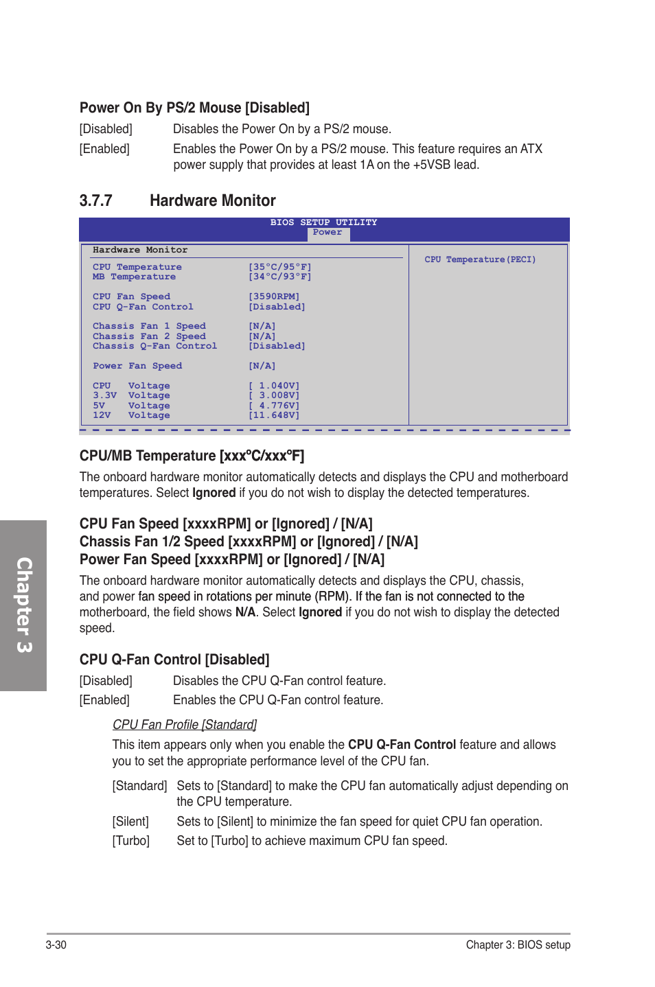 7 hardware monitor, Hardware monitor -30, Chapter 3 | Cpu/mb temperature [xxxºc/xxxºf] [xxxºc/xxxºf, Cpu q-fan control [disabled, Power on by ps/2 mouse [disabled | Asus P7P55D-E Premium User Manual | Page 94 / 134