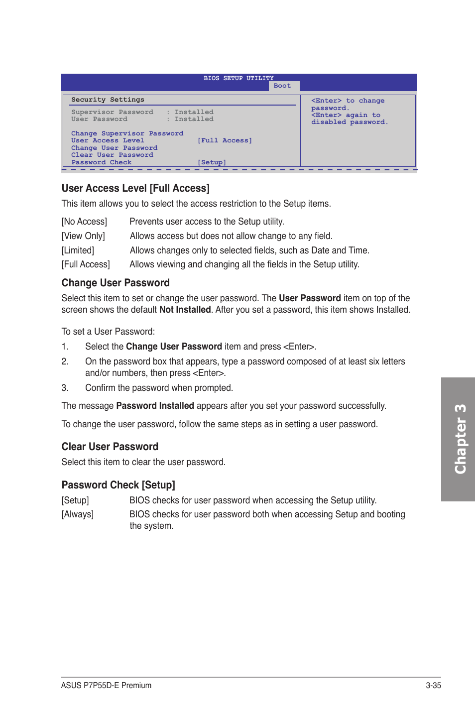 Chapter 3, User access level [full access, Change user password | Clear user password, Password check [setup | Asus P7P55D-E Premium User Manual | Page 99 / 134