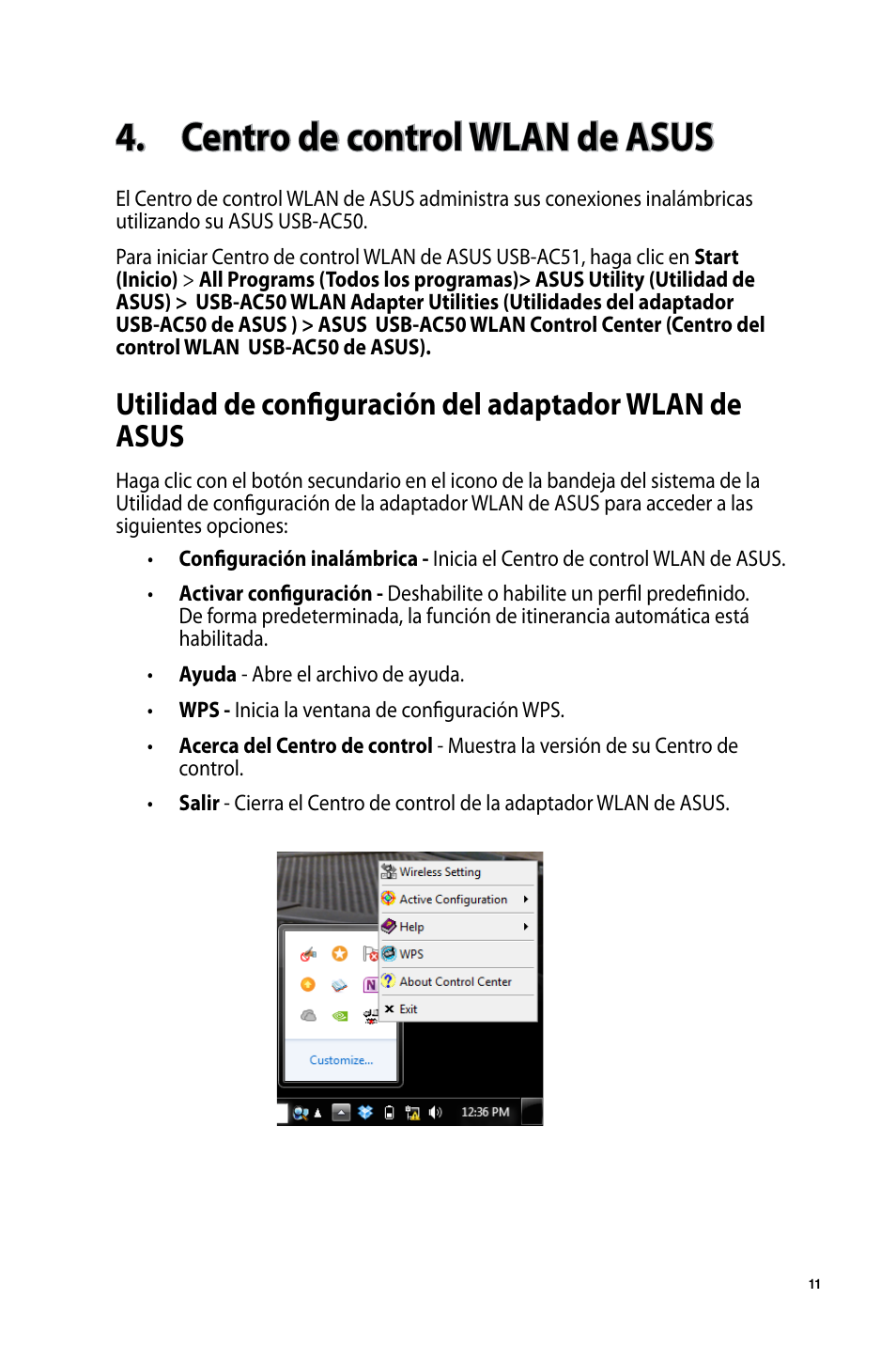 Centro de control wlan de asus | Asus USB-AC50 User Manual | Page 11 / 36
