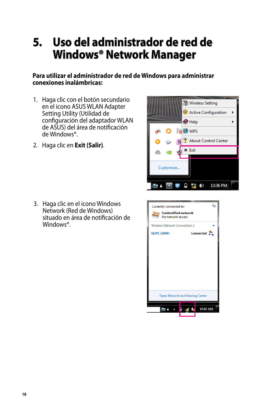 Uso del administrador de red de windows® network, Manager | Asus USB-AC50 User Manual | Page 18 / 36