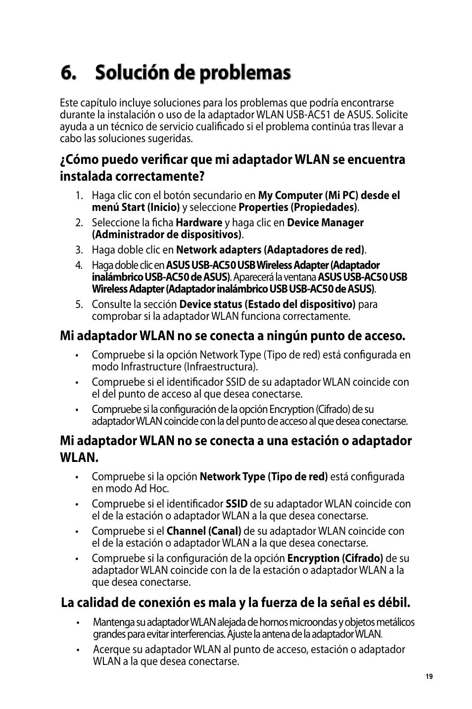 Solución de problemas | Asus USB-AC50 User Manual | Page 19 / 36