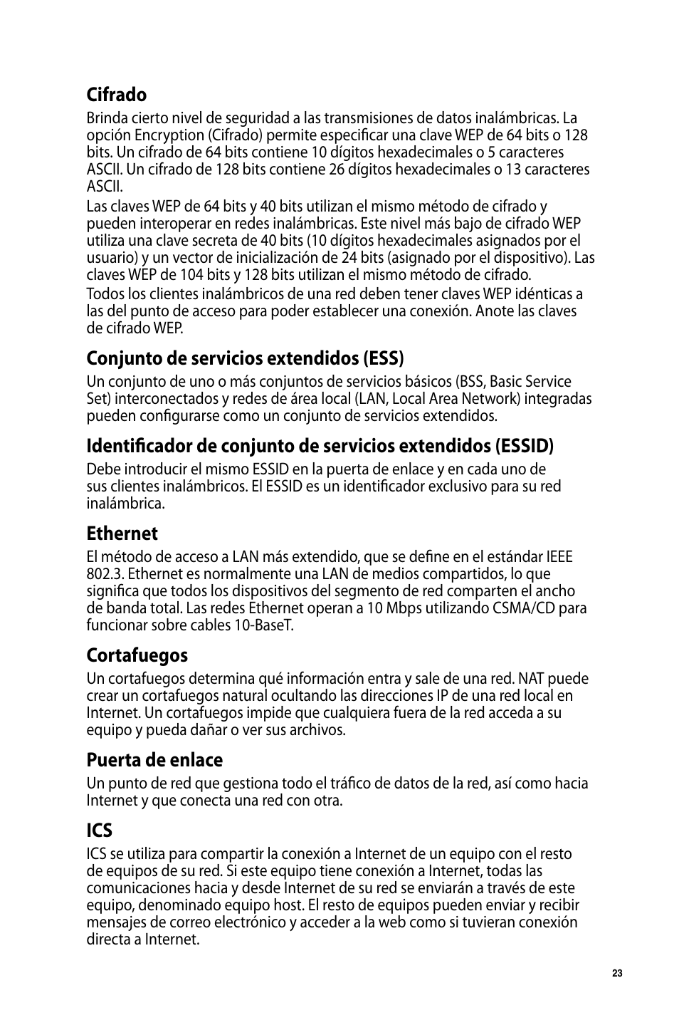 Cifrado, Conjunto de servicios extendidos (ess), Ethernet | Cortafuegos, Puerta de enlace | Asus USB-AC50 User Manual | Page 23 / 36