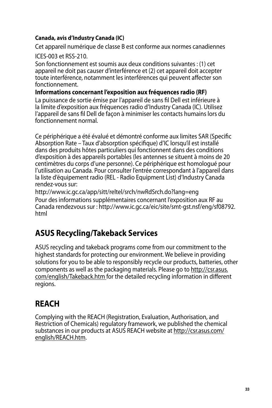 Asus recycling/takeback services, Reach | Asus USB-AC50 User Manual | Page 33 / 36