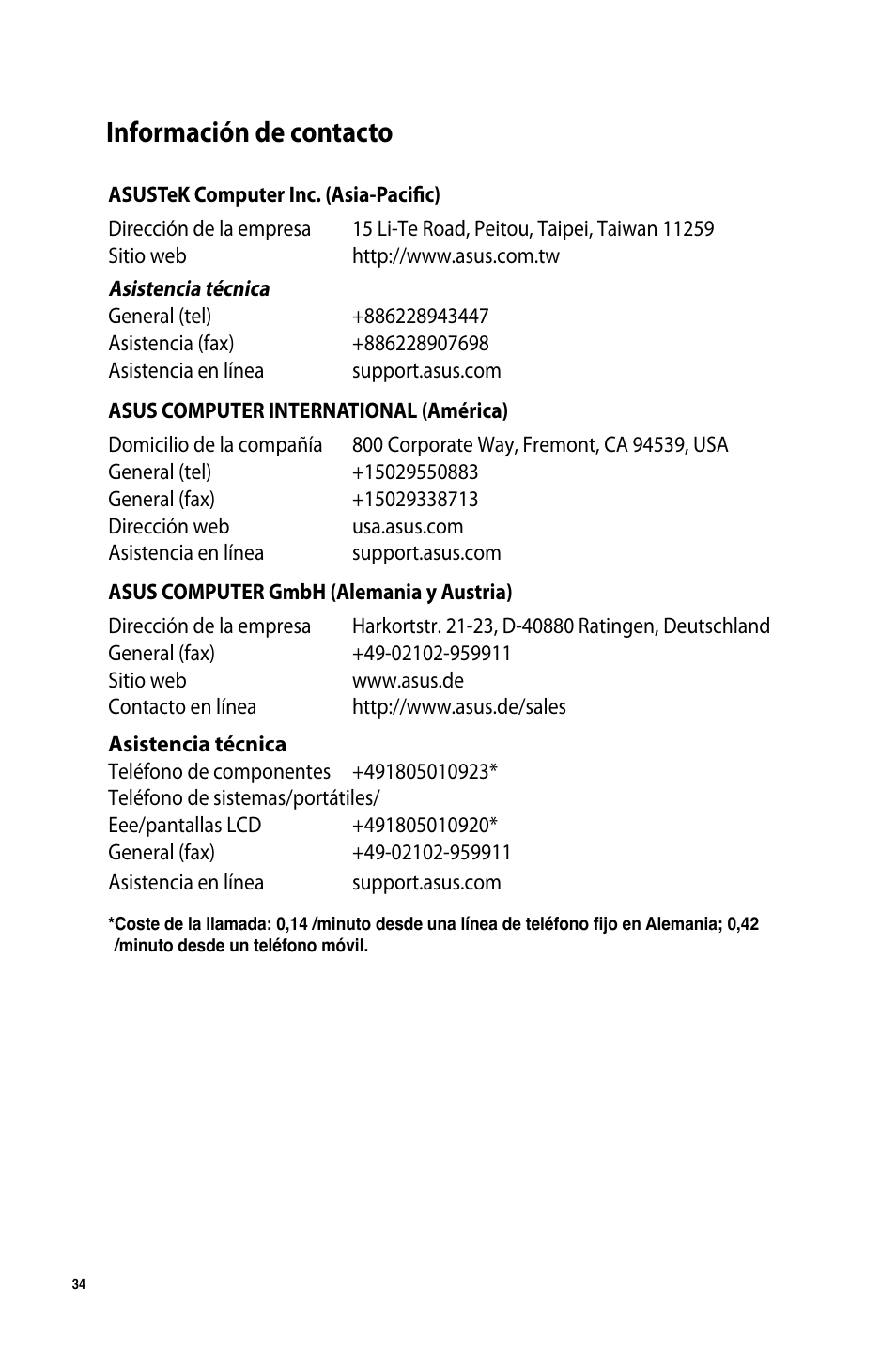 Información de contacto | Asus USB-AC50 User Manual | Page 34 / 36