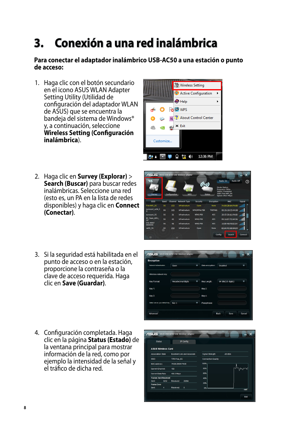 Conexión a una red inalámbrica | Asus USB-AC50 User Manual | Page 8 / 36