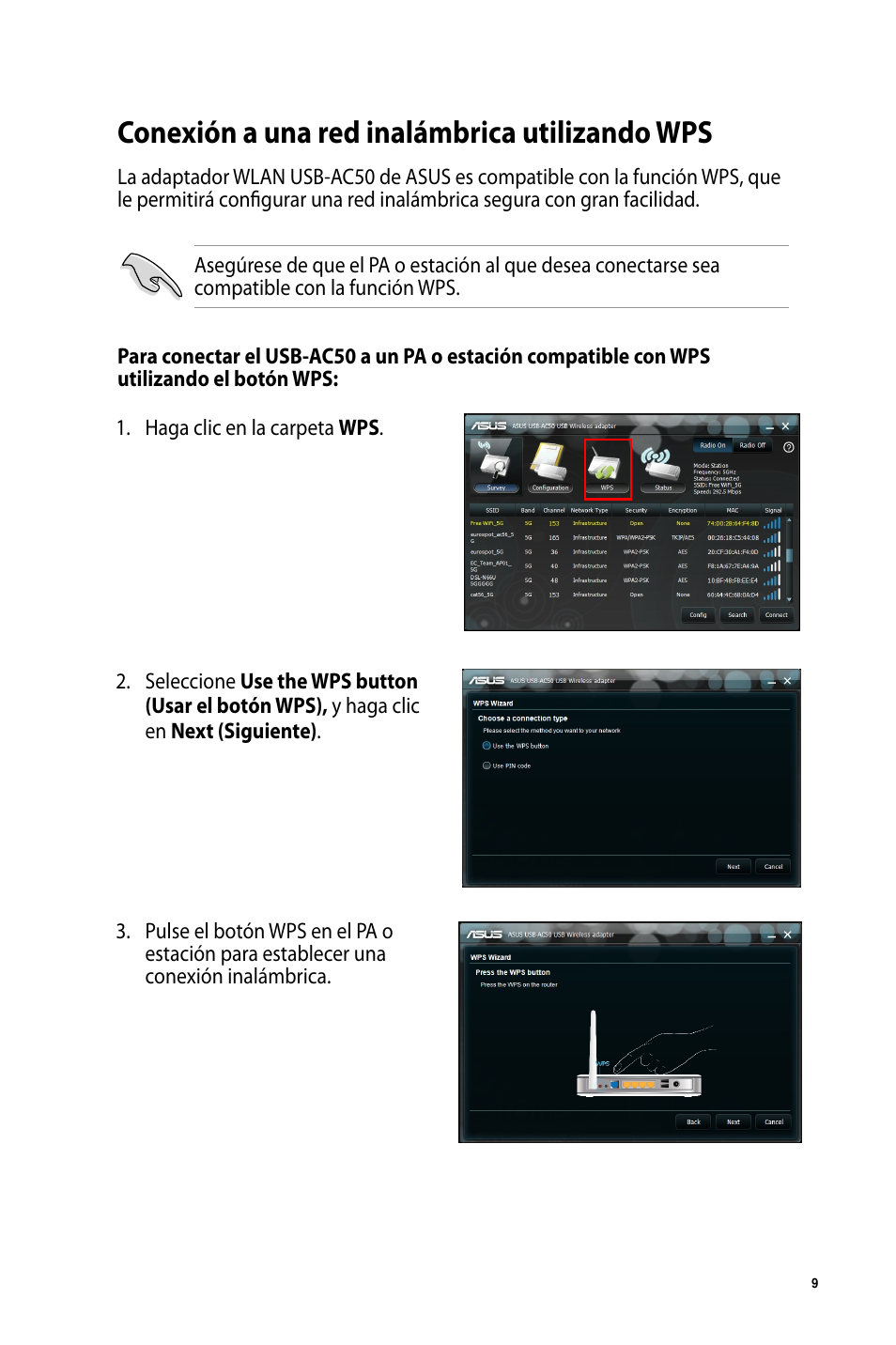 Conexión a una red inalámbrica utilizando wps | Asus USB-AC50 User Manual | Page 9 / 36