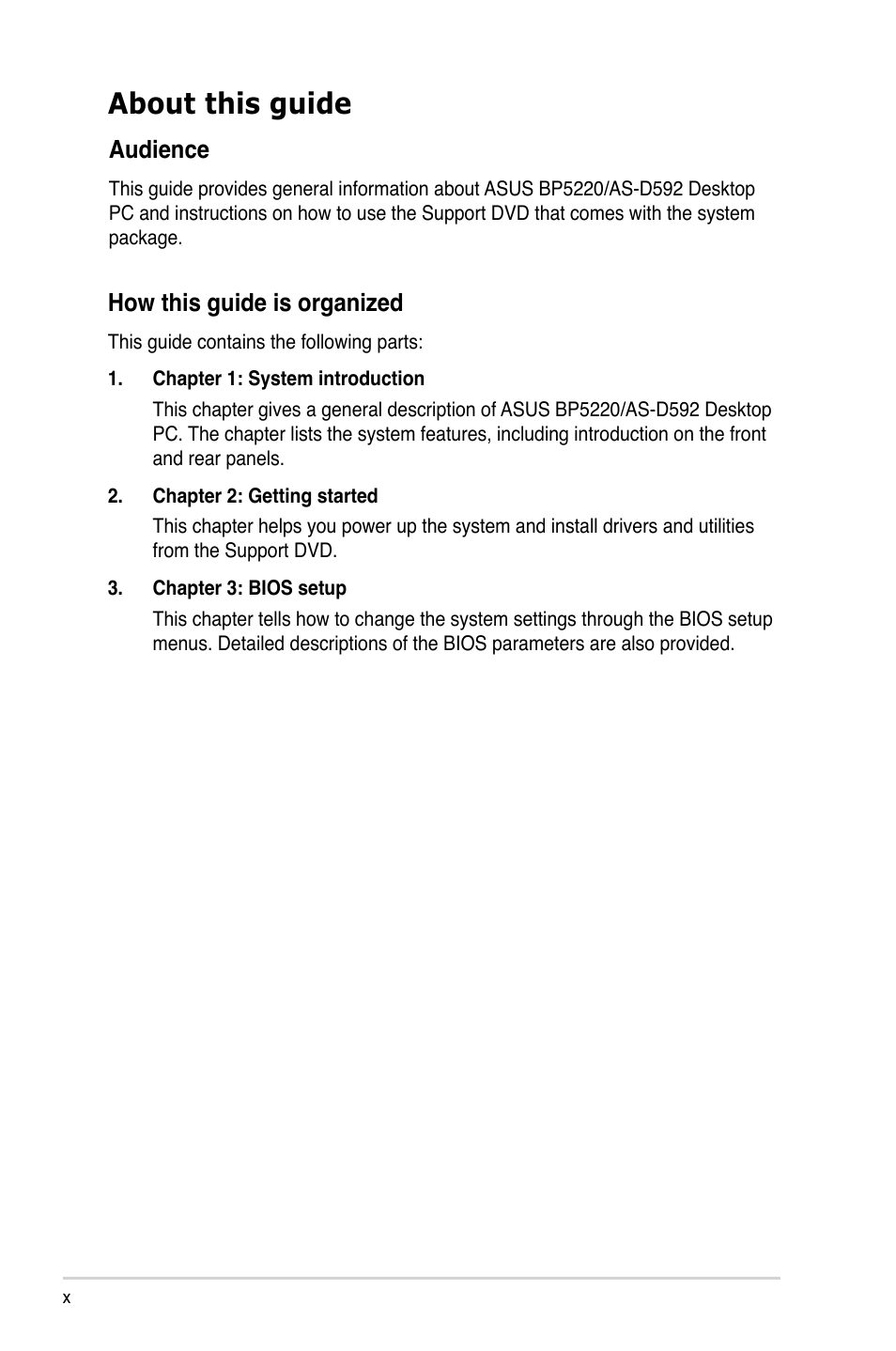 About this guide, How this guide is organized, Audience | Asus BP5220 User Manual | Page 10 / 74