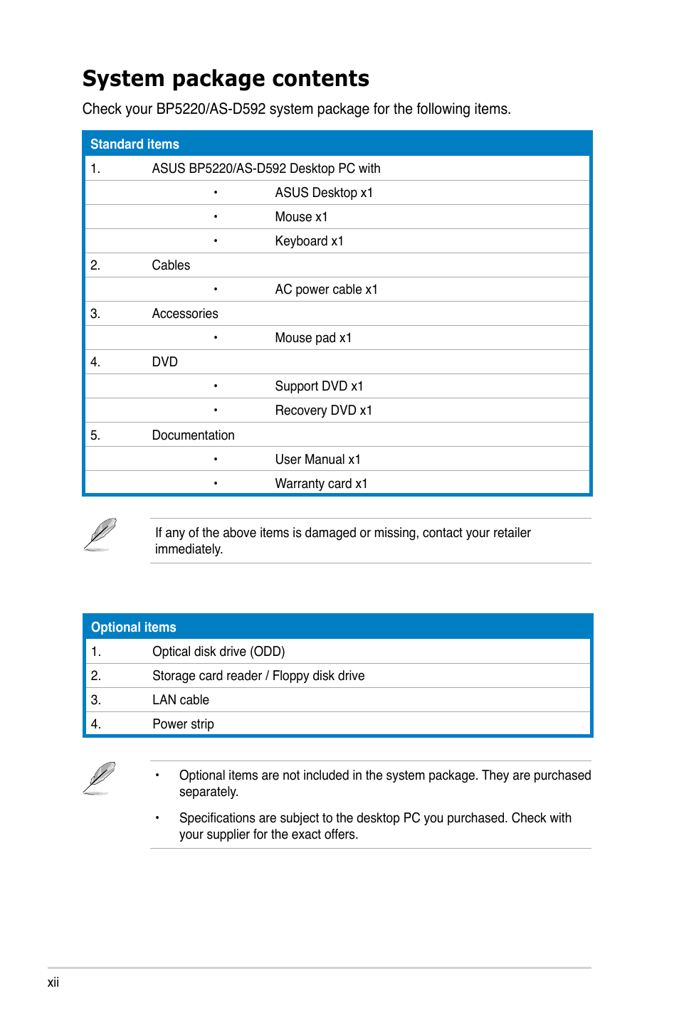 System package contents | Asus BP5220 User Manual | Page 12 / 74